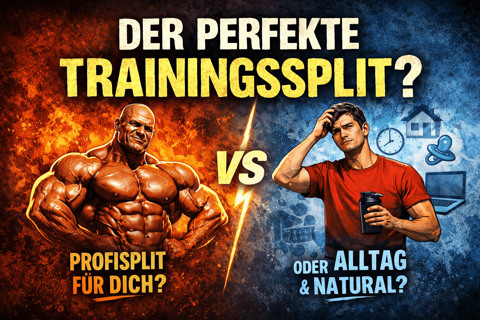 Grafik zum Thema perfekter Trainingssplit – Vergleich zwischen Profisplit und Alltagstraining mit der Frage, welcher Trainingssplit wirklich sinnvoll ist.