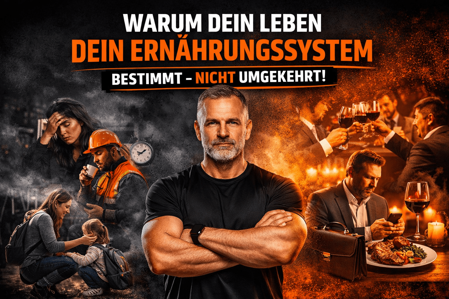 Mann im Zentrum zwischen Alltag, Schichtarbeit, Familie und Geschäftsessen als Symbol dafür, dass das Leben das Ernährungssystem bestimmt