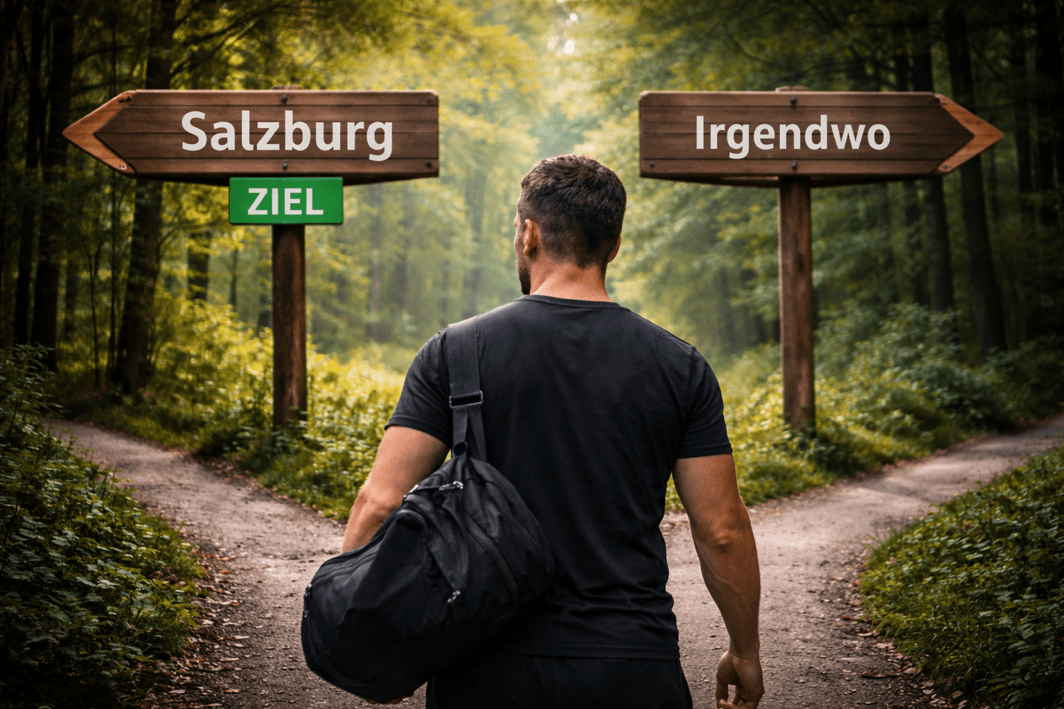 Mann mit Sporttasche steht an einer Weggabelung zwischen Ziel und irgendwo – Metapher für Trainingsziele setzen
