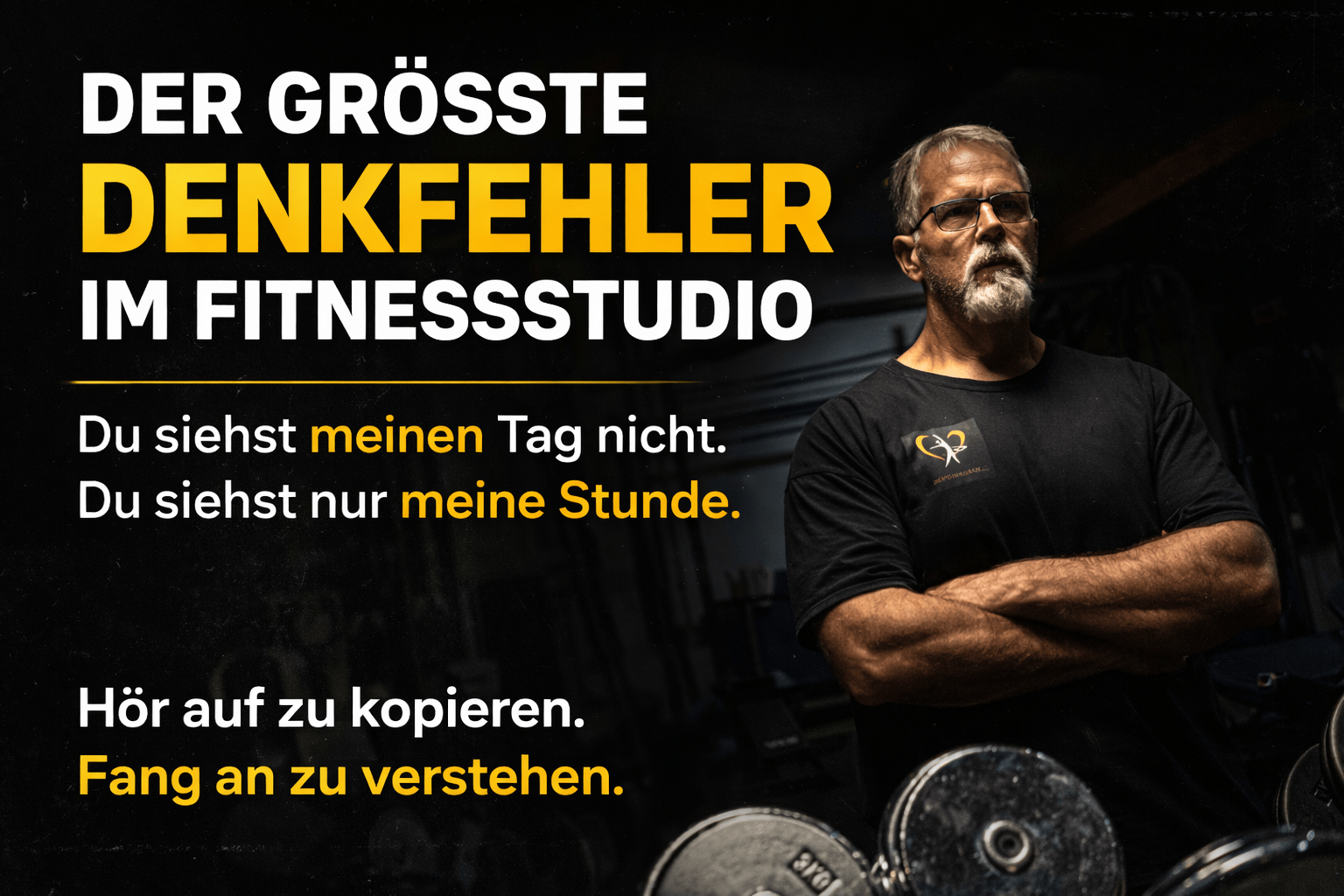 Fitness Coach im Gym mit Text „Du siehst nur meine Stunde“ – Thema falscher Vergleich im Training