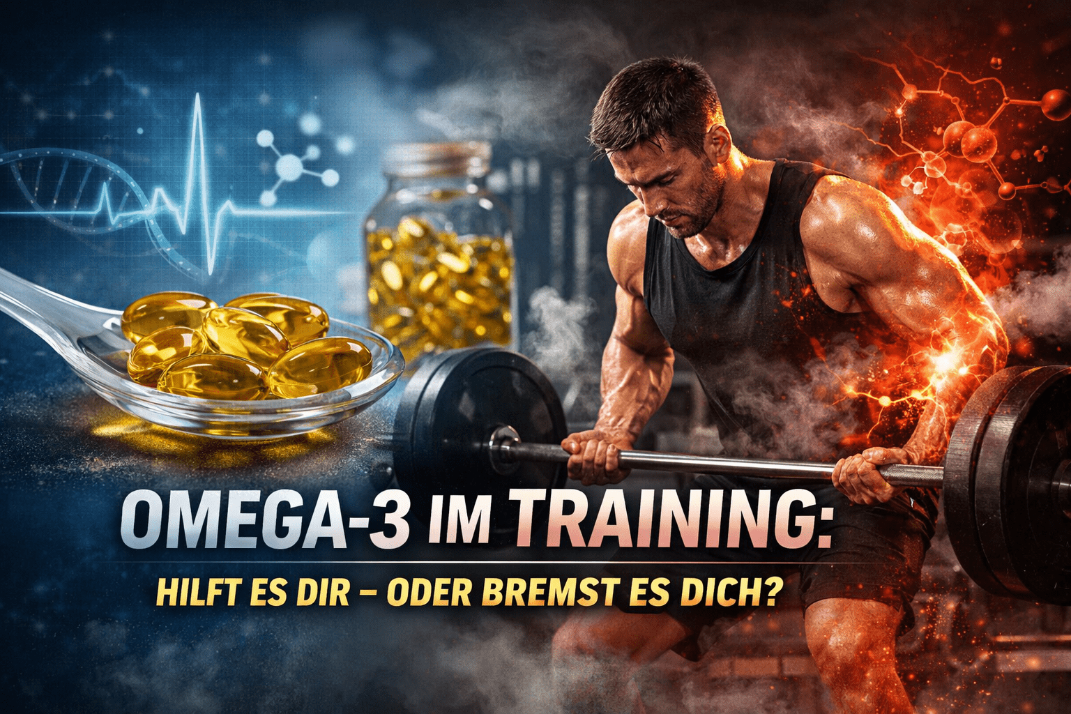 Omega-3 im Training – Fischölkapseln und Kraftsportler als Symbol für Gesundheit, Regeneration und Trainingsreiz