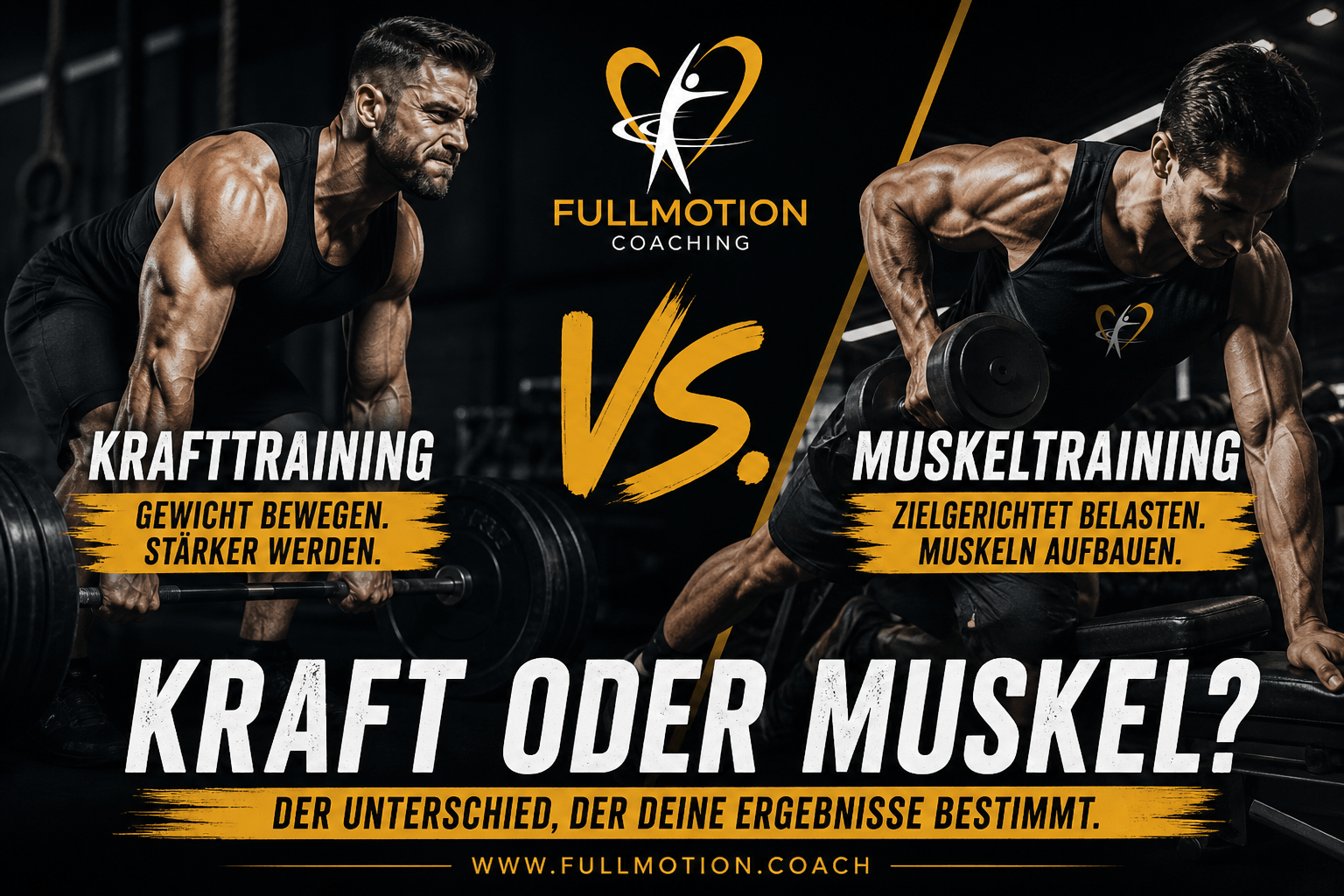 Fullmotion Beitragsbild zum Thema Krafttraining oder Muskeltraining mit zwei Athleten im Gym und starkem Kontrast zwischen Gewicht bewegen und gezieltem Muskelaufbau.