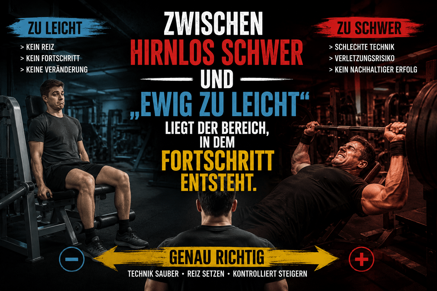 Fitnessstudio-Motivationsbild zum Thema Progression im Krafttraining zwischen zu leichtem und zu schwerem Training.
