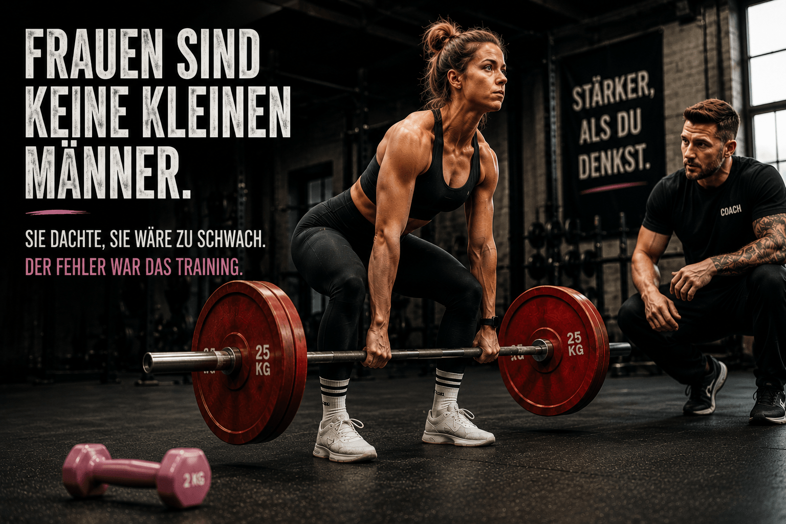 Frau beim schweren Kreuzheben mit roter 25-kg-Hantelscheibe unter Anleitung eines Coaches im Fitnessstudio.