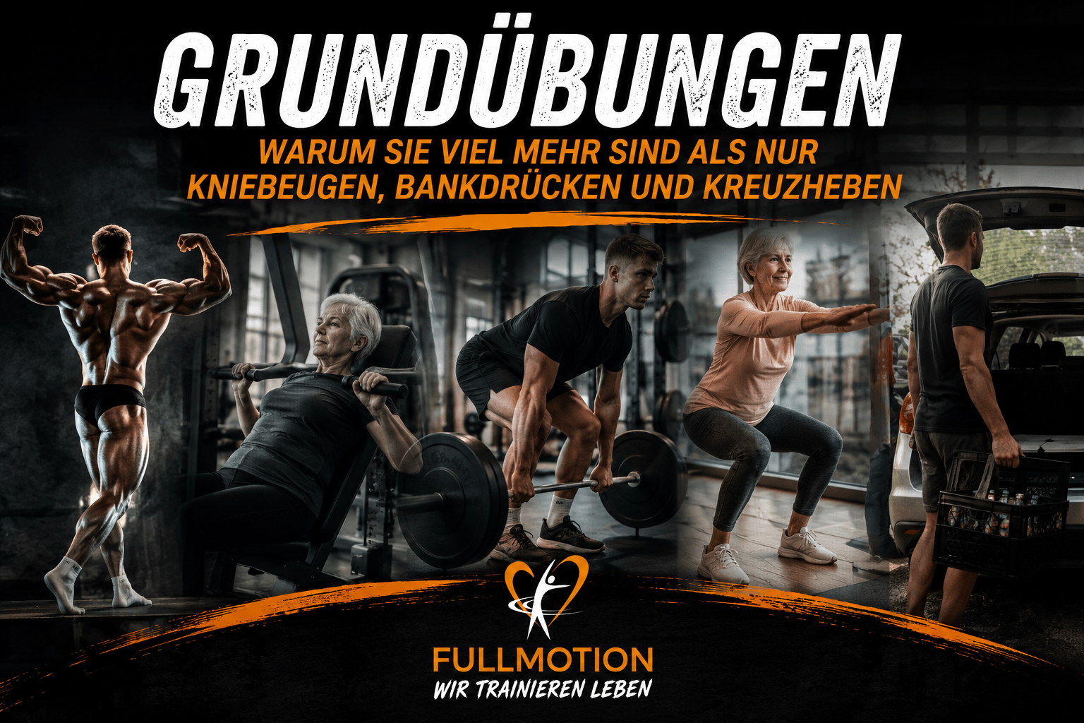 Bodybuilder, Athletin, Kraftsportler, Seniorin bei Kniebeugen und Mann mit Getränkekiste als Symbol für Grundbewegungen im Alltag