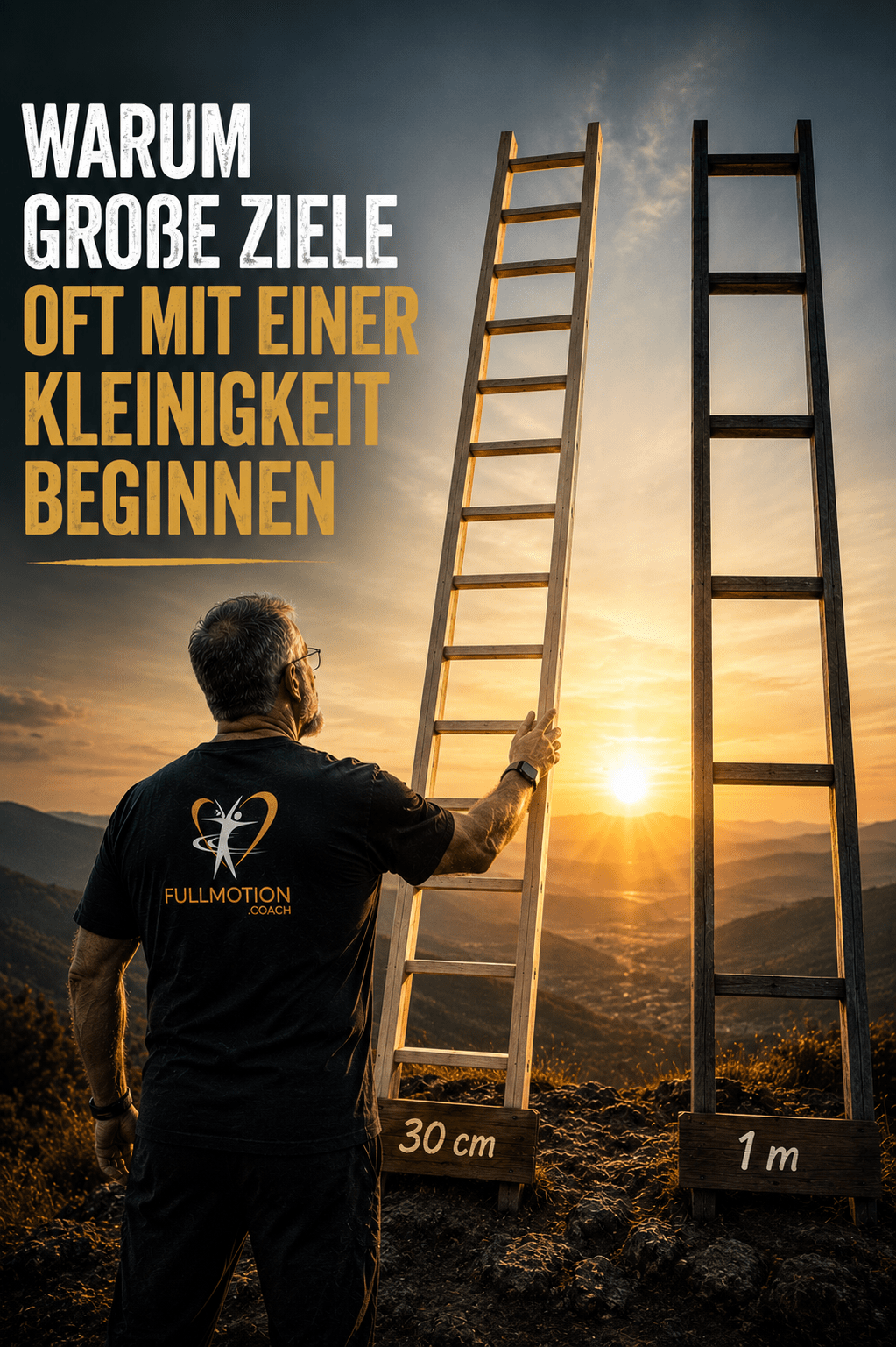 Trainer von Fullmotion steht zwischen zwei Leitern mit unterschiedlichem Sprossenabstand als Symbol für kleine Schritte auf dem Weg zu großen Zielen.