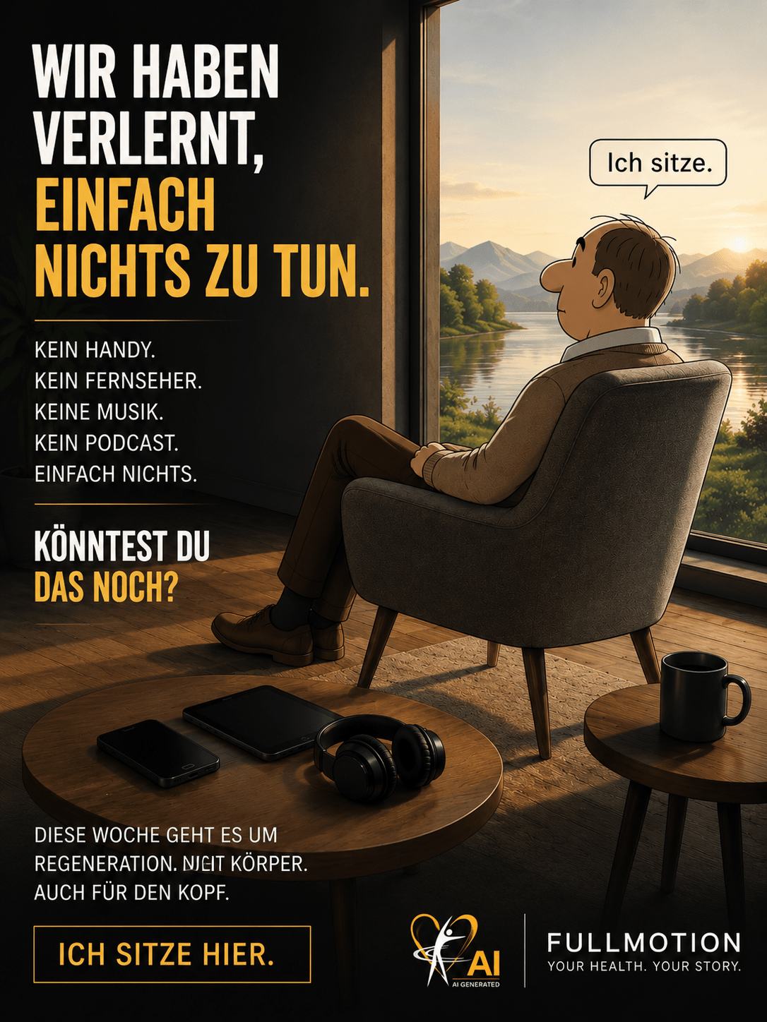 Mann sitzt ruhig auf einem Sessel und blickt in die Natur – Symbol für mentale Regeneration und innere Ruhe.