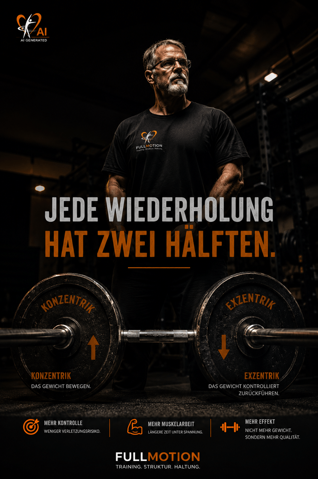 Trainer im Fitnessstudio mit Langhantel – Konzentrik und Exzentrik im Krafttraining: Jede Wiederholung hat zwei Hälften.