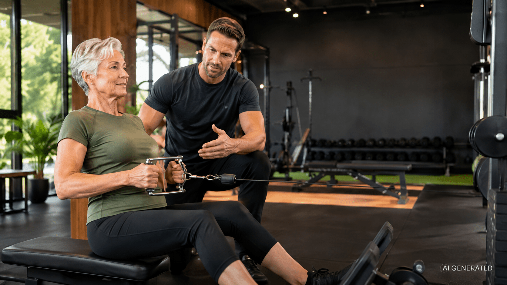 Ältere Frau beim individuell begleiteten Krafttraining an einer Kabelzugmaschine mit Trainer
